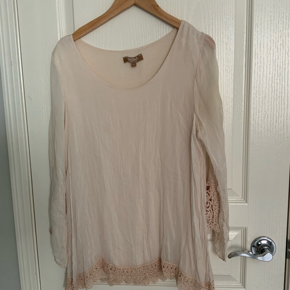 Carla Conti 100% Silk Long Sleeve Blouse Crochet Details Women’s L Flowy Lined
